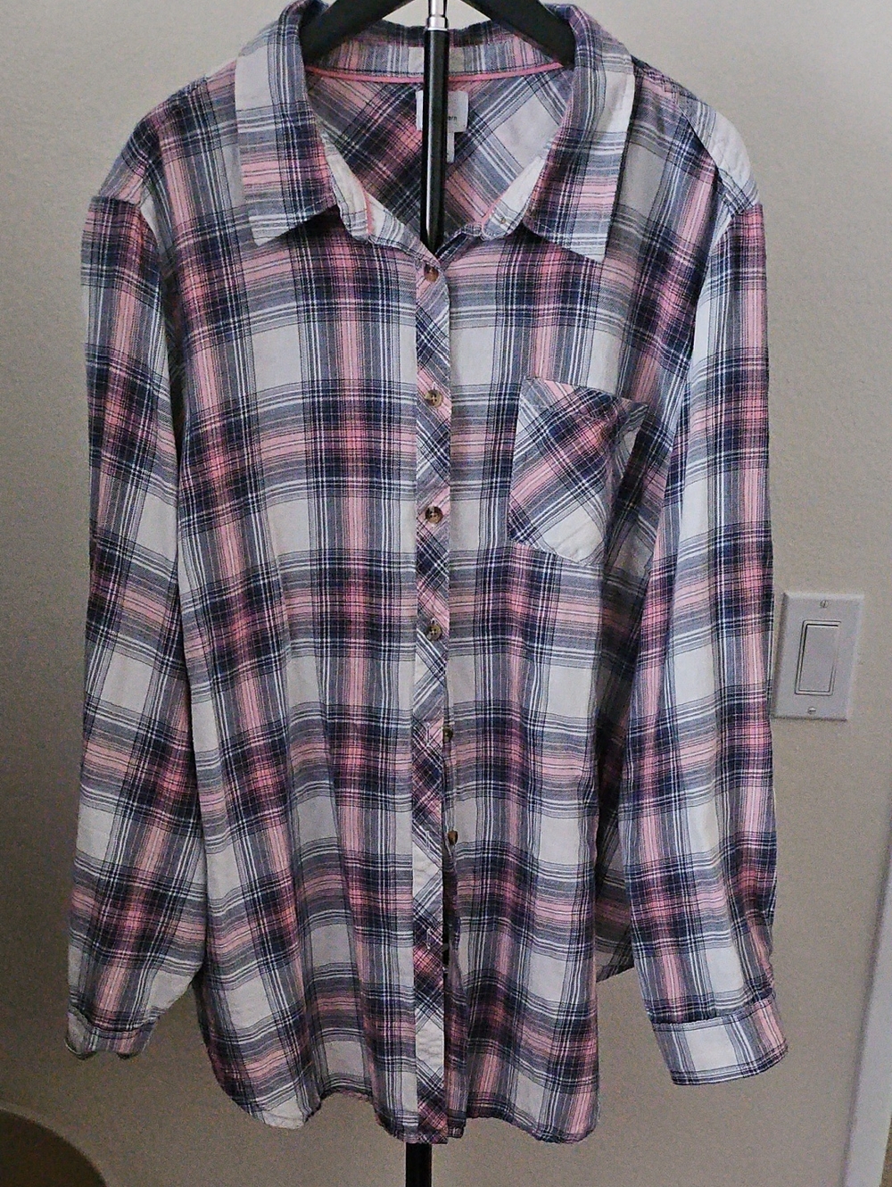 dressbarn Pink and Navy Plaid Button-Up Shirt
